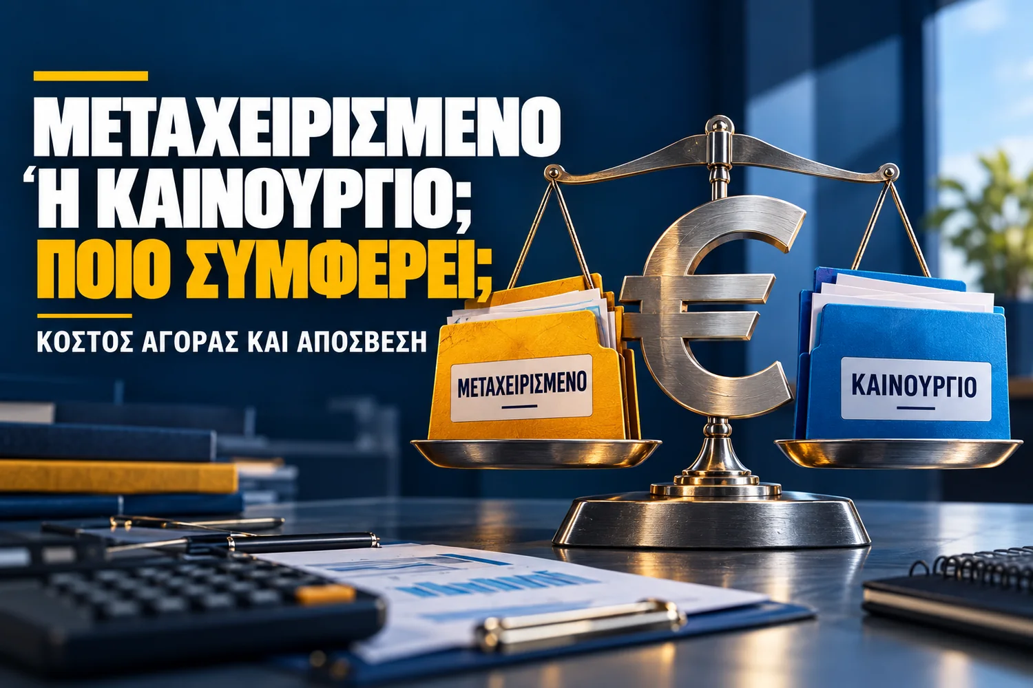 Redaktionelles Titelbild mit griechischem Text: ΜΕΤΑΧΕΙΡΙΣΜΕΝΟ Ή ΚΑΙΝΟΥΡΓΙΟ; ΠΟΙΟ ΣΥΜΦΕΡΕΙ; — ΚΟΣΤΟΣ ΑΓΟΡΑΣ ΚΑΙ ΑΠΟΣΒΕΣΗ