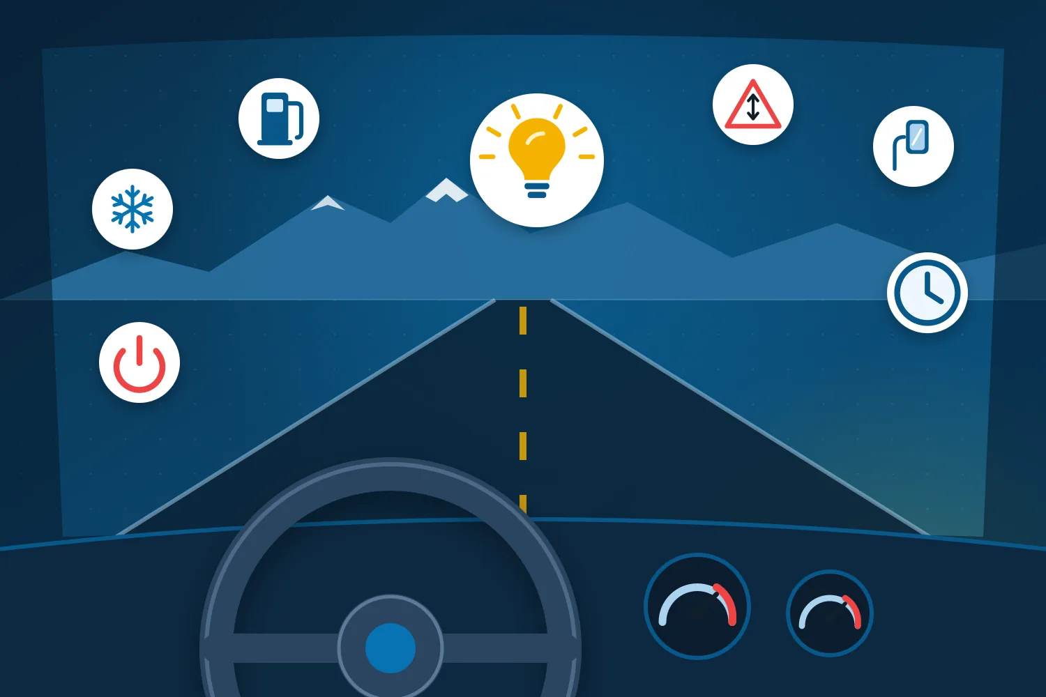 Illustration: a bus driver’s view with steering wheel and road ahead, a light bulb for tips and icons for mirrors, height, tachograph and air conditioning